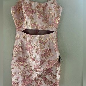 NEW! Lulus Your Attention Pink Metallic Floral Jacquard Cutout Mini Dress.